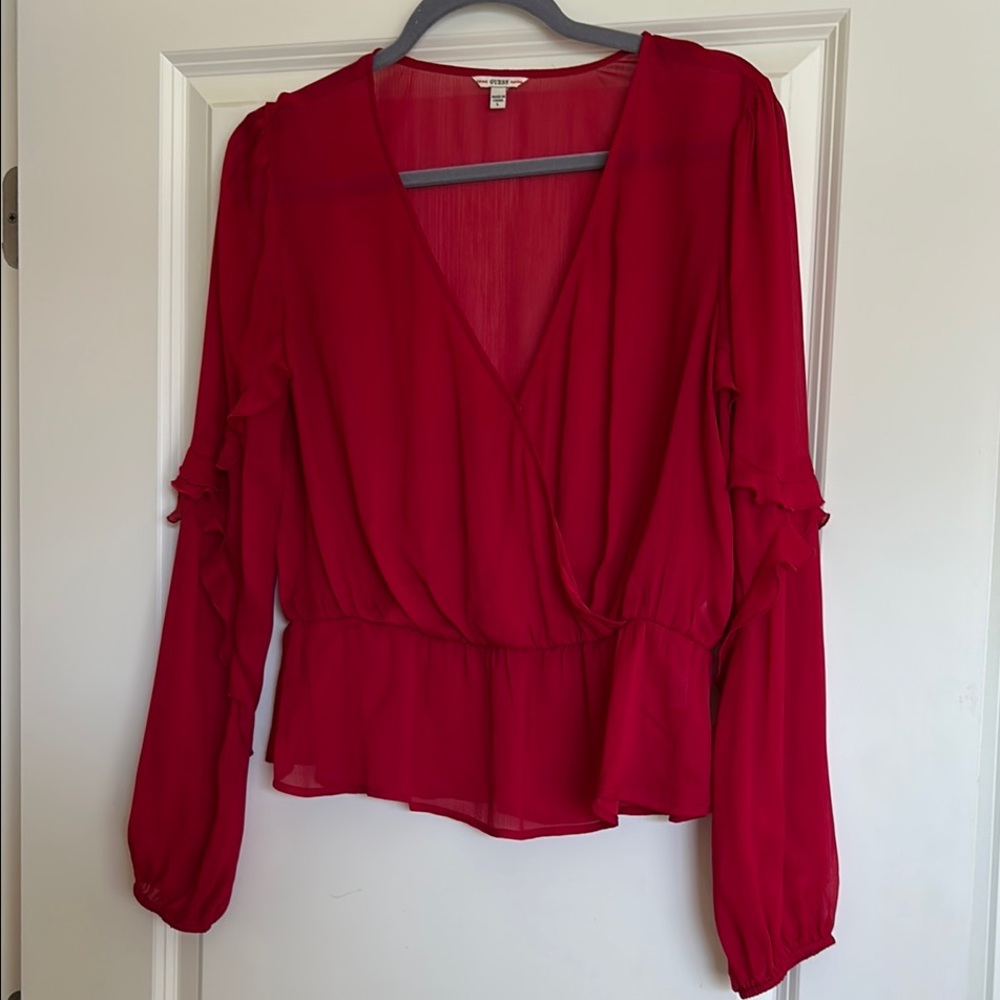 Guess Red Ruffled Wrap Blouse - Picture 6 of 6